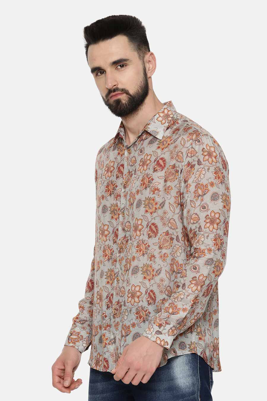 Grey Muslin Floral Print Shirt