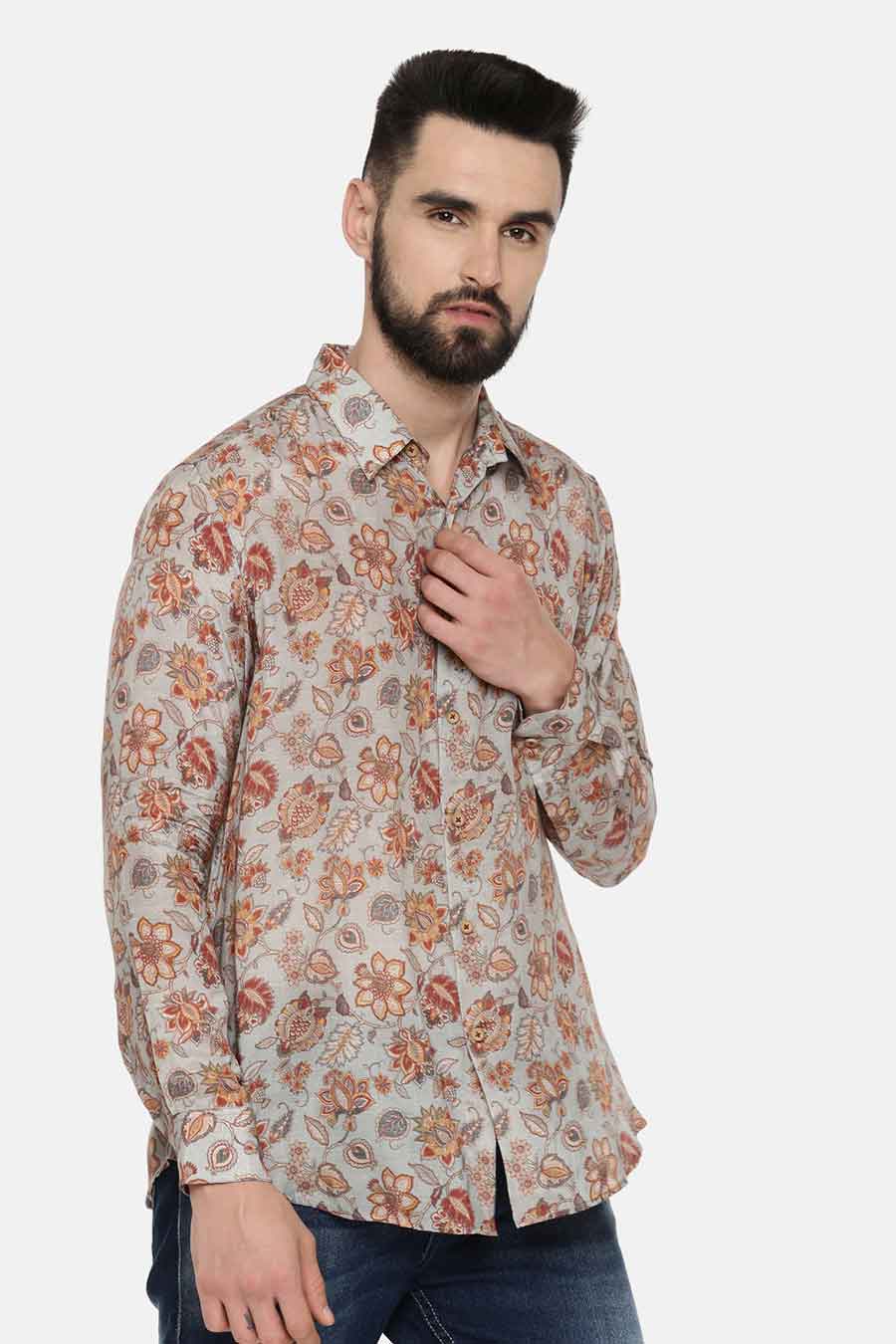 Grey Muslin Floral Print Shirt