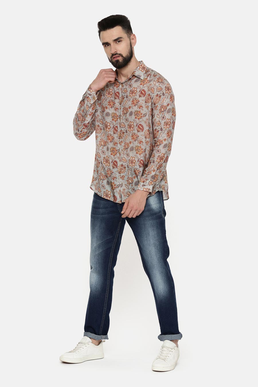 Grey Muslin Floral Print Shirt