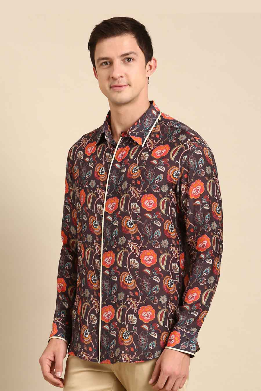 Brown Muslin Floral Print Shirt