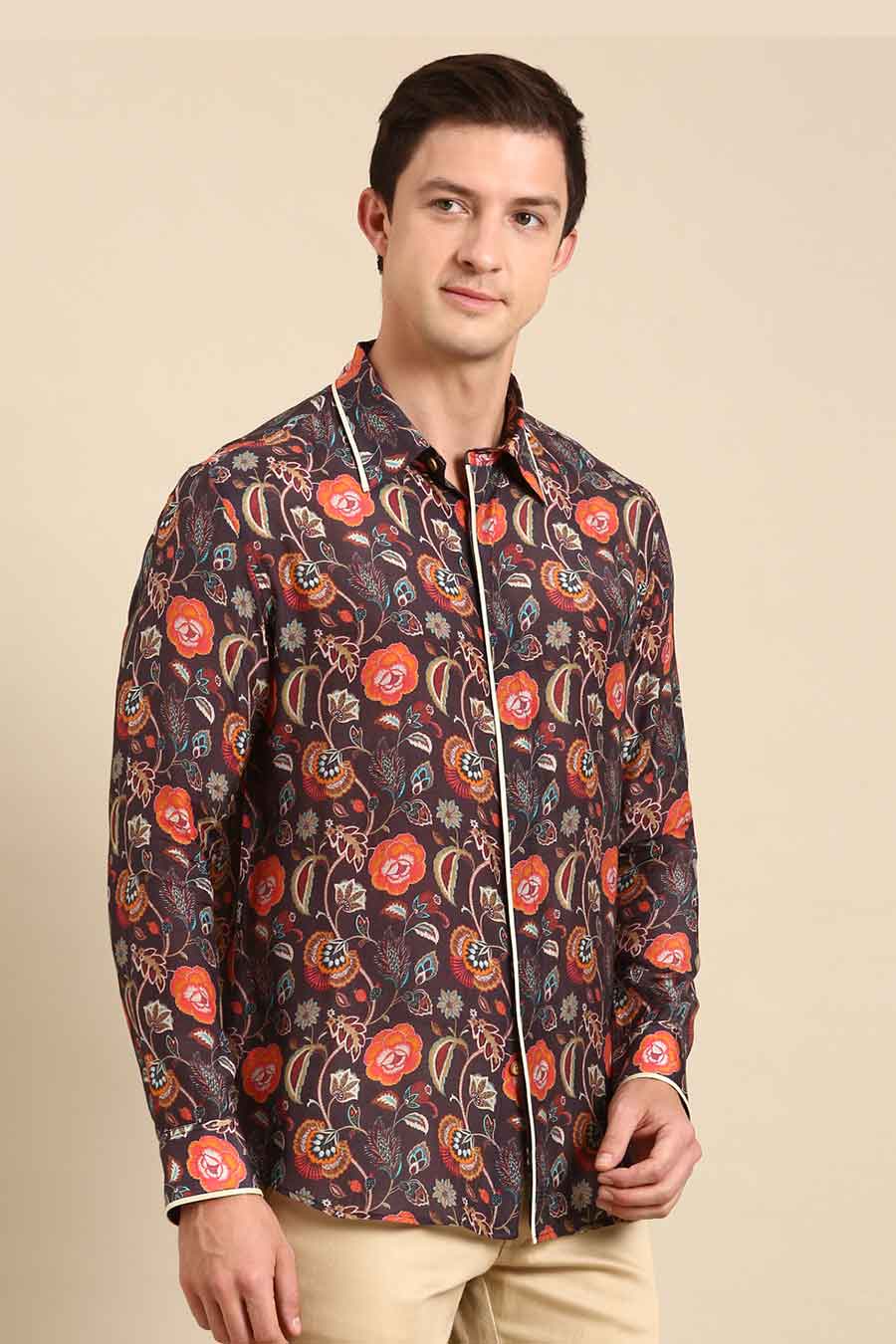 Brown Muslin Floral Print Shirt