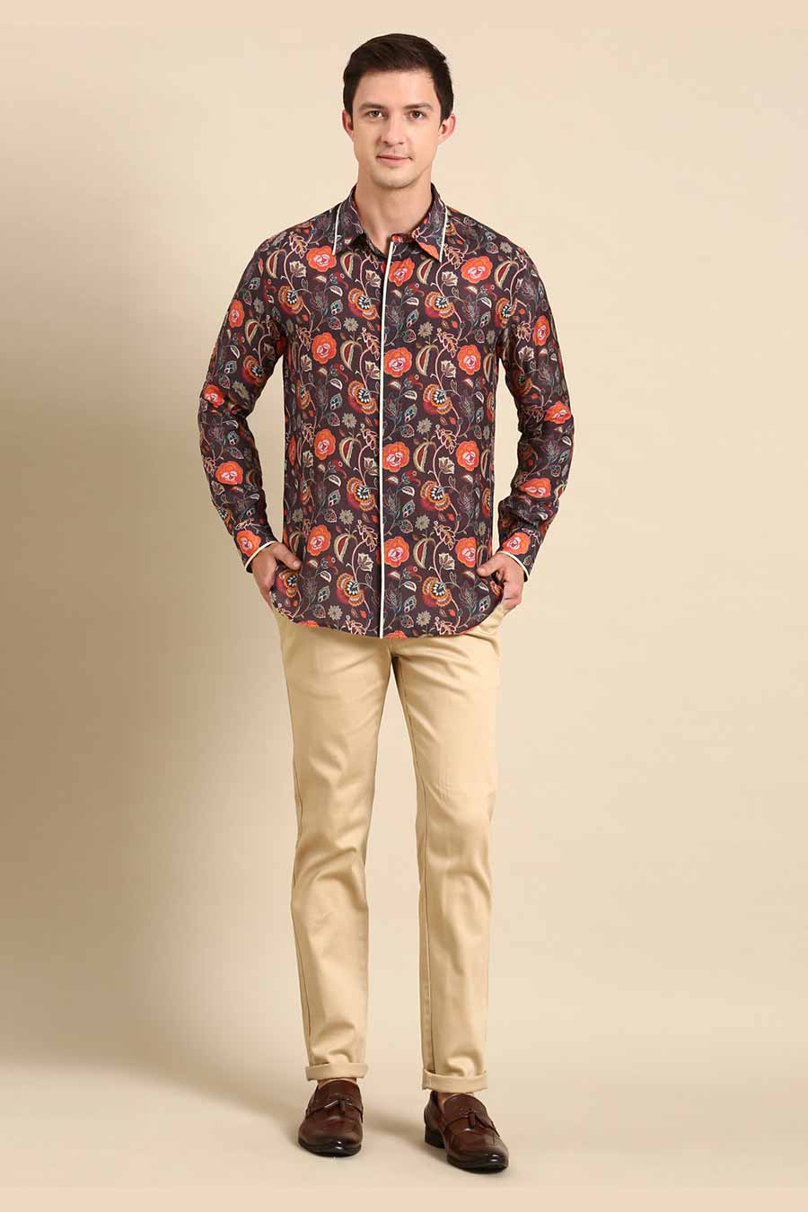 Brown Muslin Floral Print Shirt