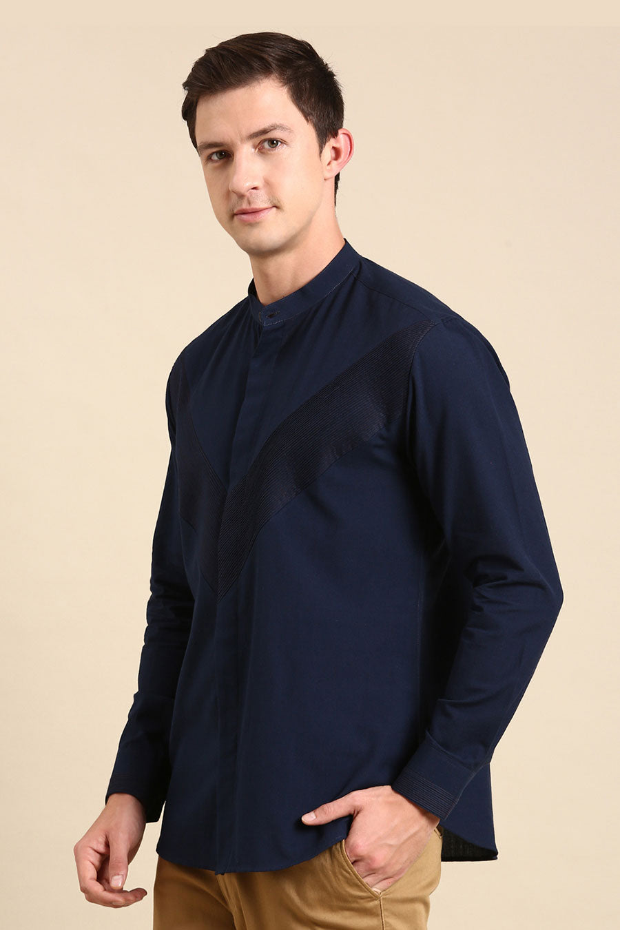 Navy Blue Malai Cotton Pintuck Shirt