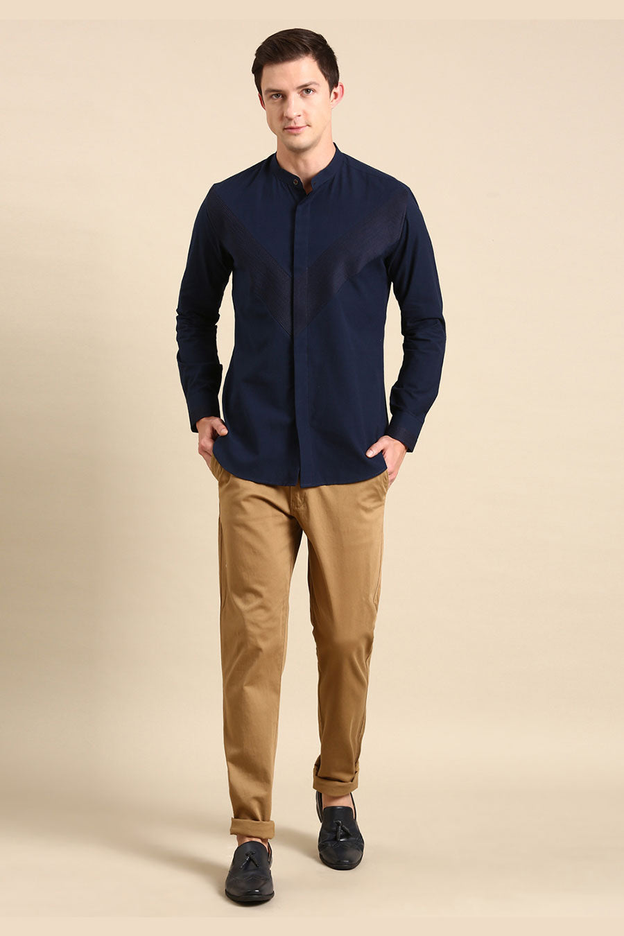 Navy Blue Malai Cotton Pintuck Shirt