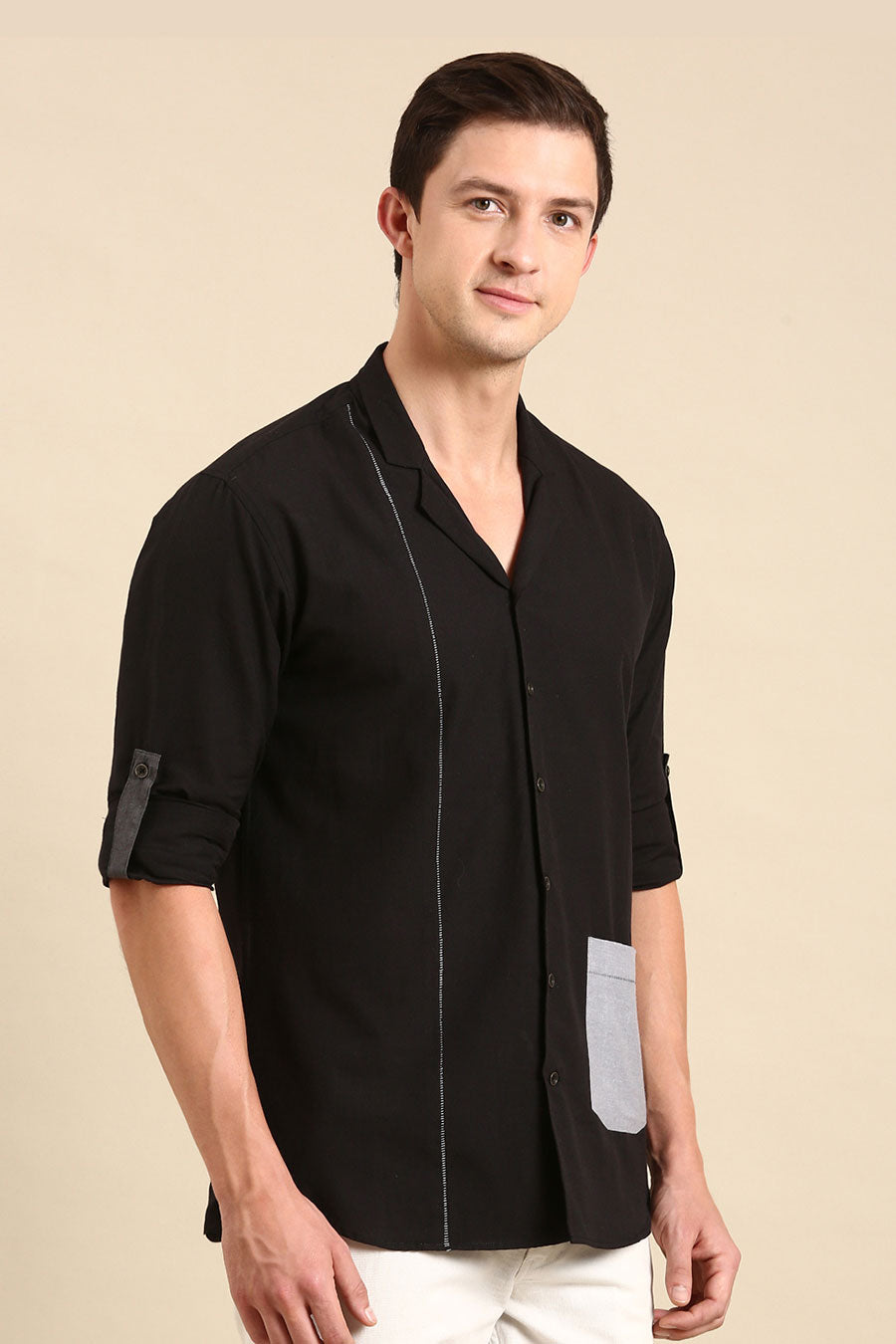 Black Malai Cotton Hand-Stitch Shirt