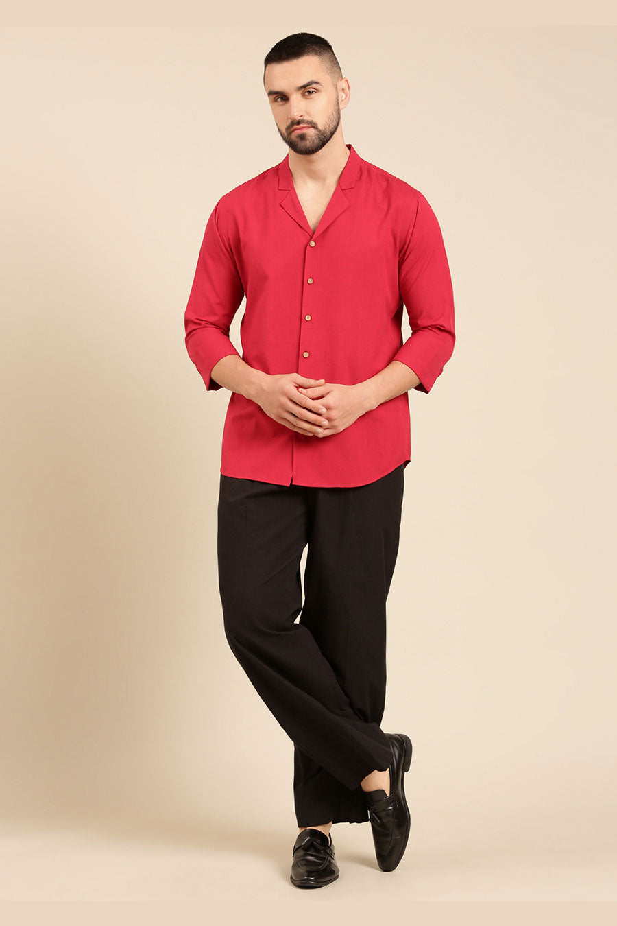 Red Malai Cotton Lapel Collar Shirt