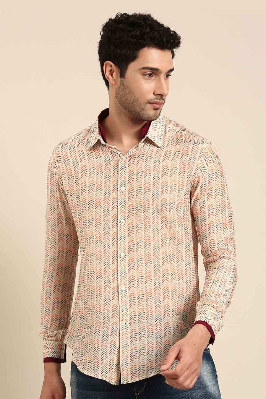 Beige Muslin Printed Shirt