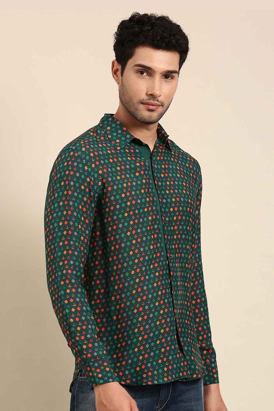 Teal Green Muslin Printed Shirt