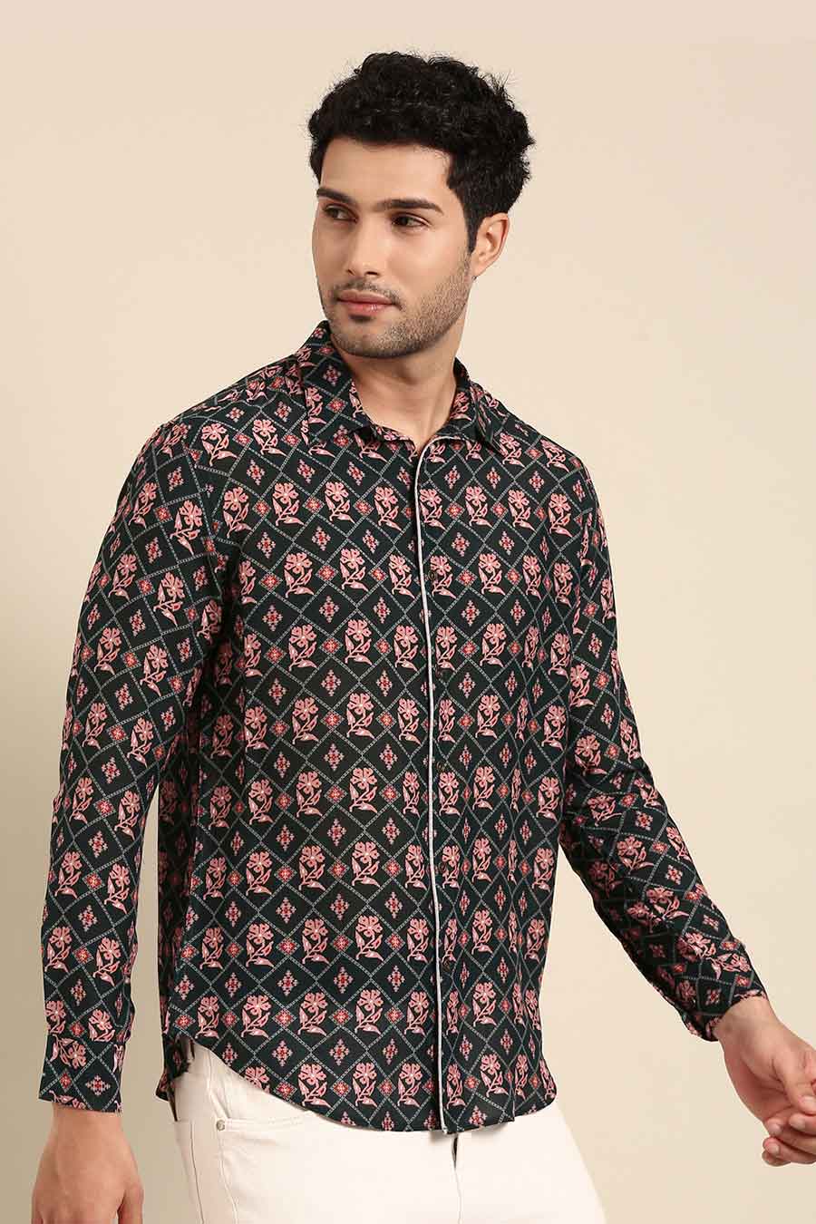 Dark Blue Muslin Printed Shirt