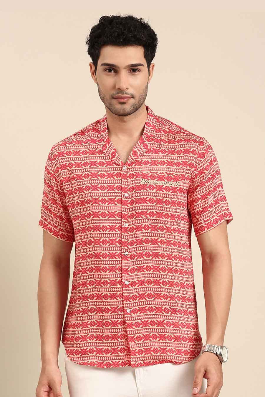 Red Muslin Printed Half-Sleeves Shirt