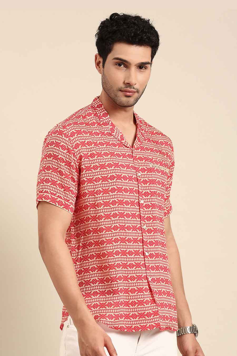 Red Muslin Printed Half-Sleeves Shirt