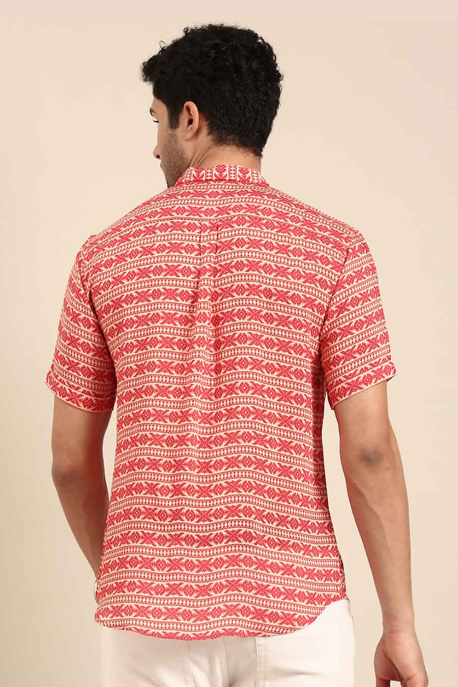 Red Muslin Printed Half-Sleeves Shirt