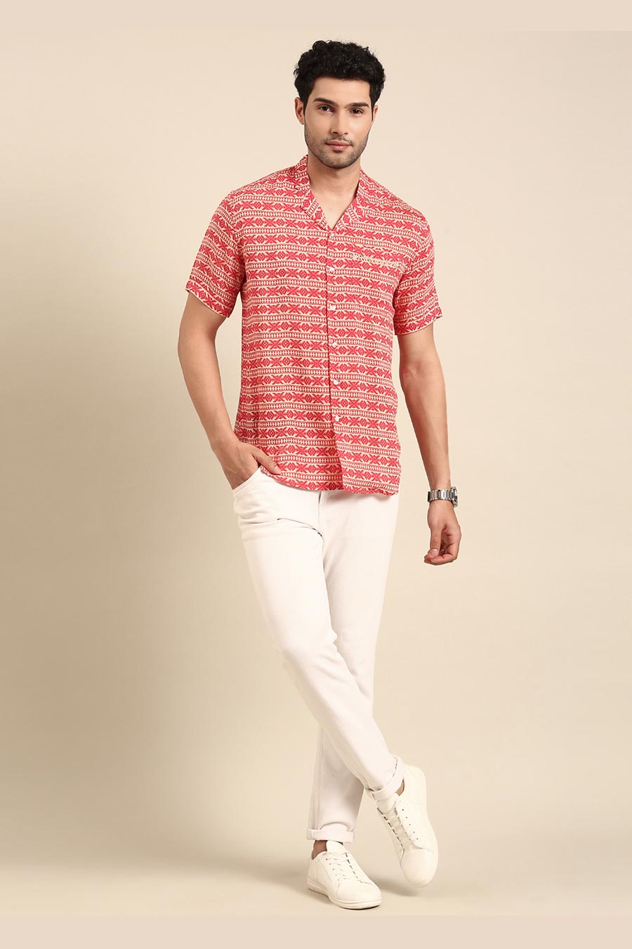 Red Muslin Printed Half-Sleeves Shirt