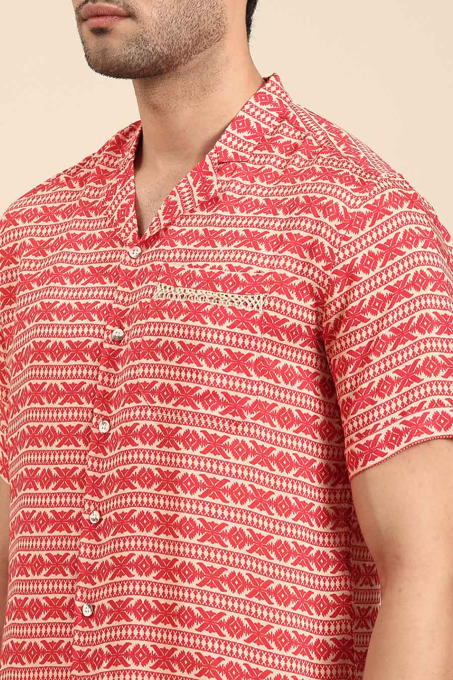 Red Muslin Printed Half-Sleeves Shirt