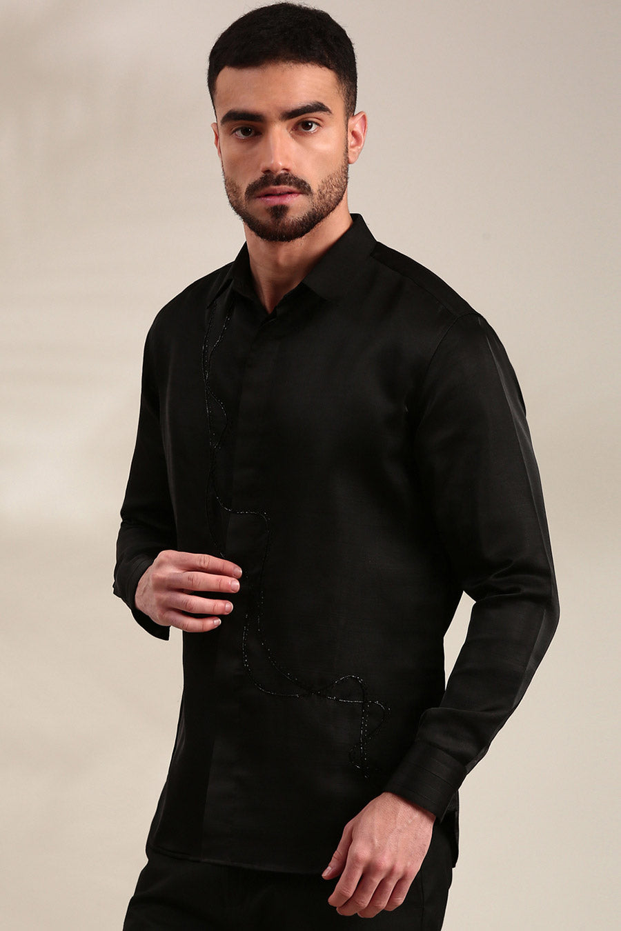 Black Slub Silk Embroidered Shirt