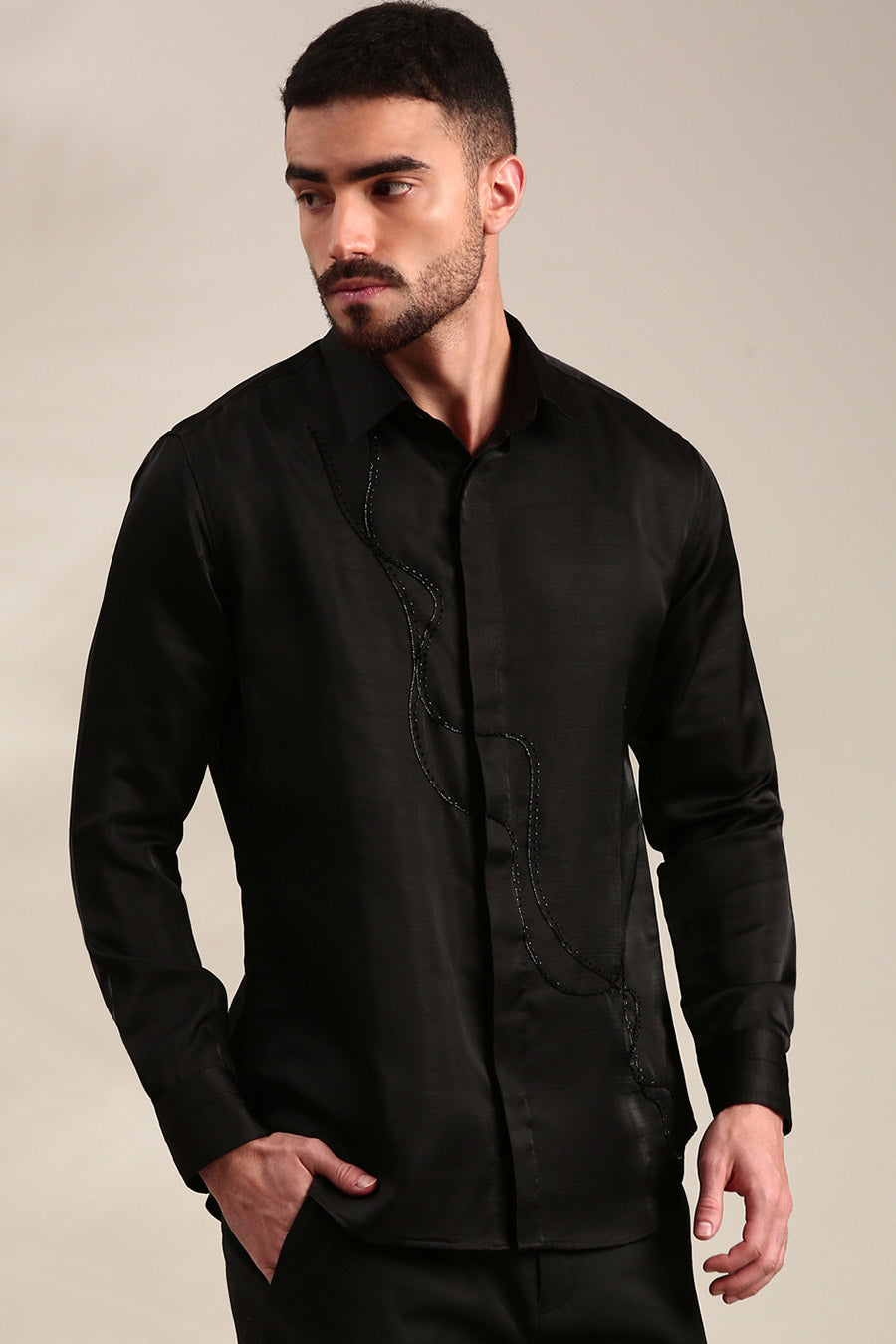 Black Slub Silk Embroidered Shirt