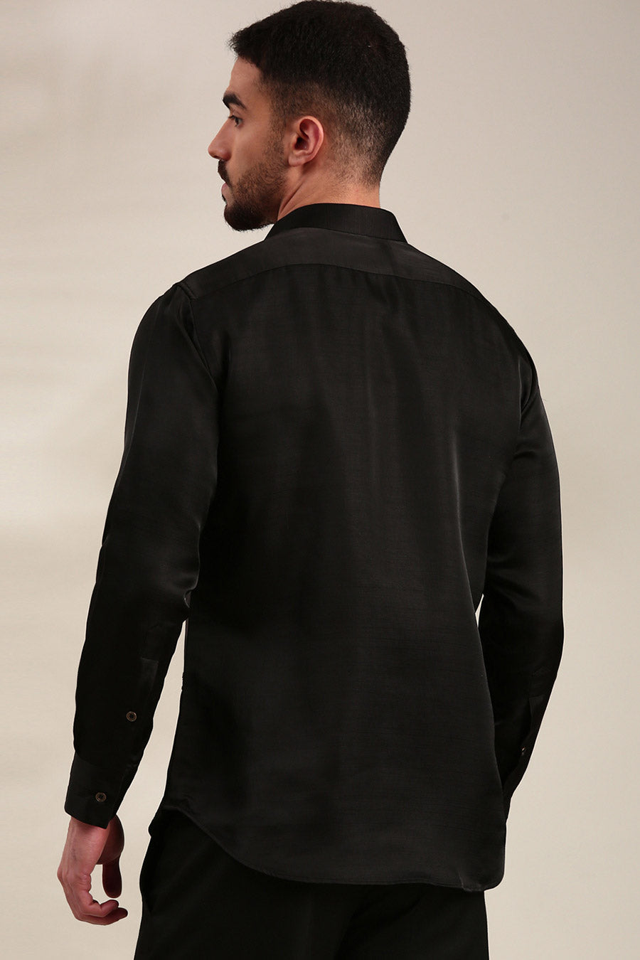 Black Slub Silk Embroidered Shirt