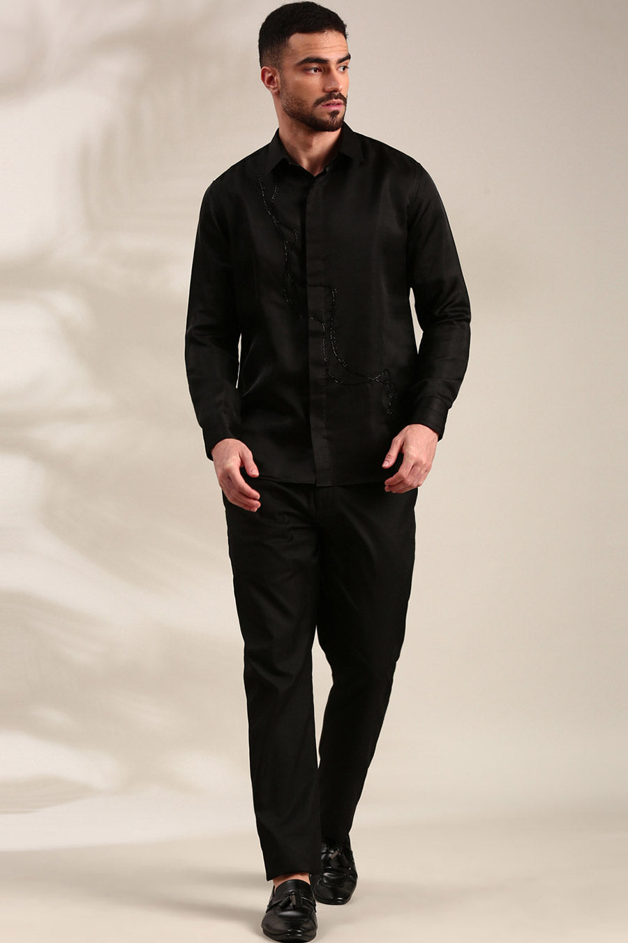 Black Slub Silk Embroidered Shirt