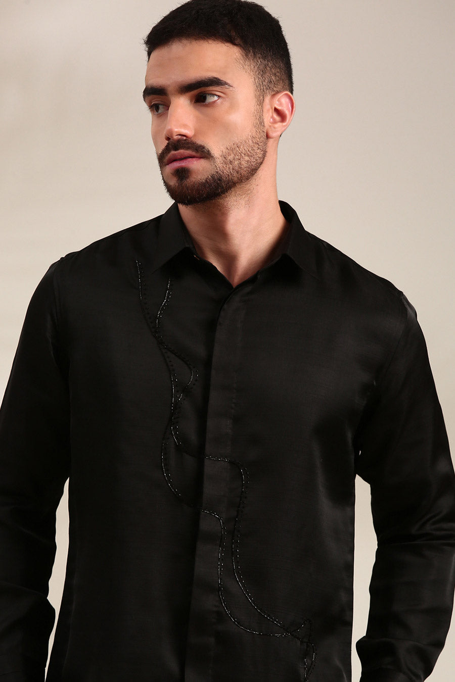 Black Slub Silk Embroidered Shirt