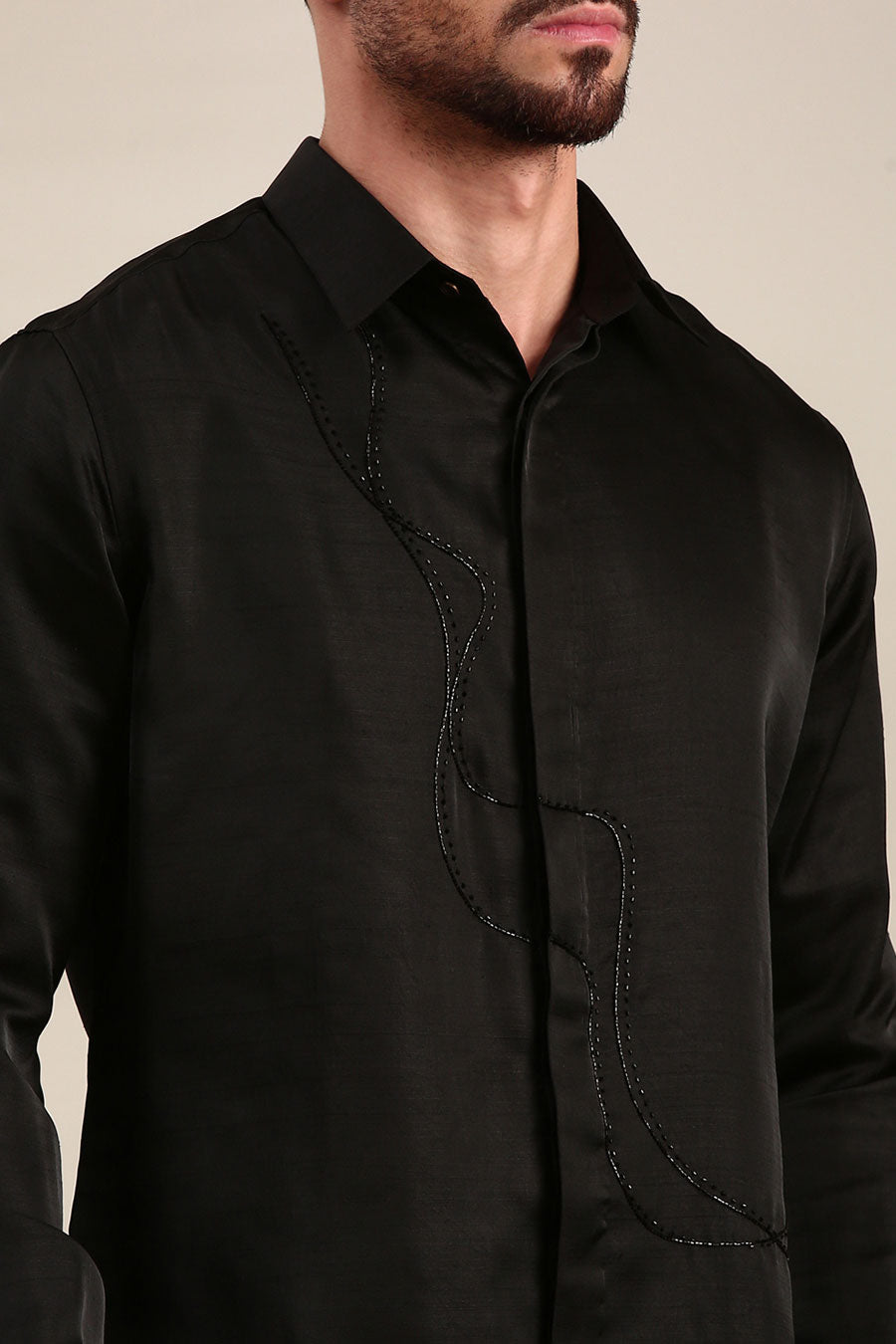 Black Slub Silk Embroidered Shirt