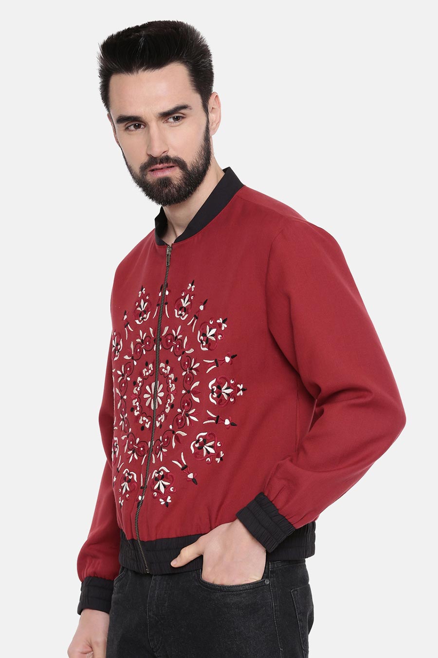 Red Mandala Embroidered Bomber Jacket