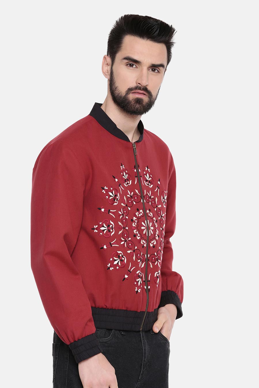 Red Mandala Embroidered Bomber Jacket