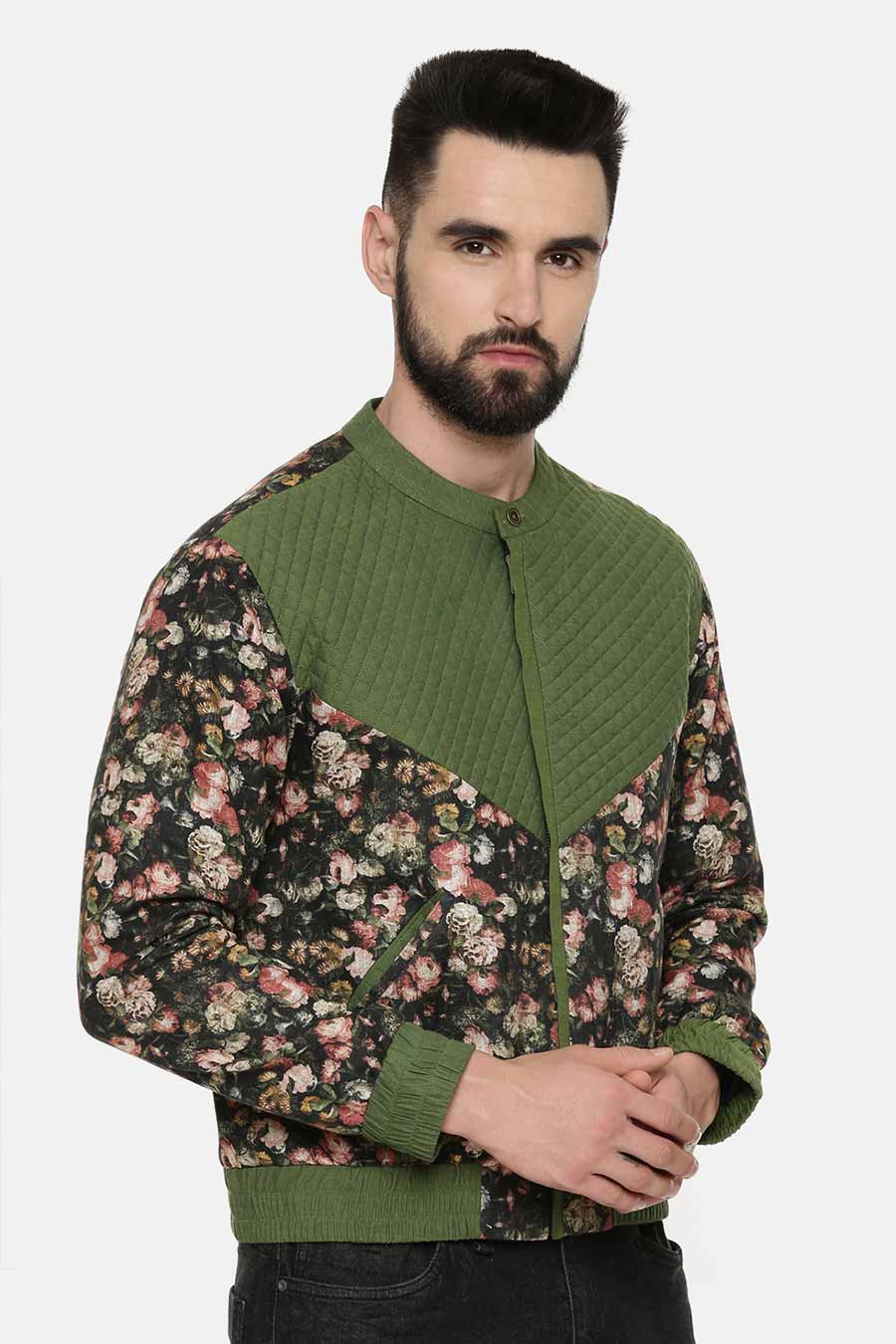 Green Print Quilted Bomber Jacket