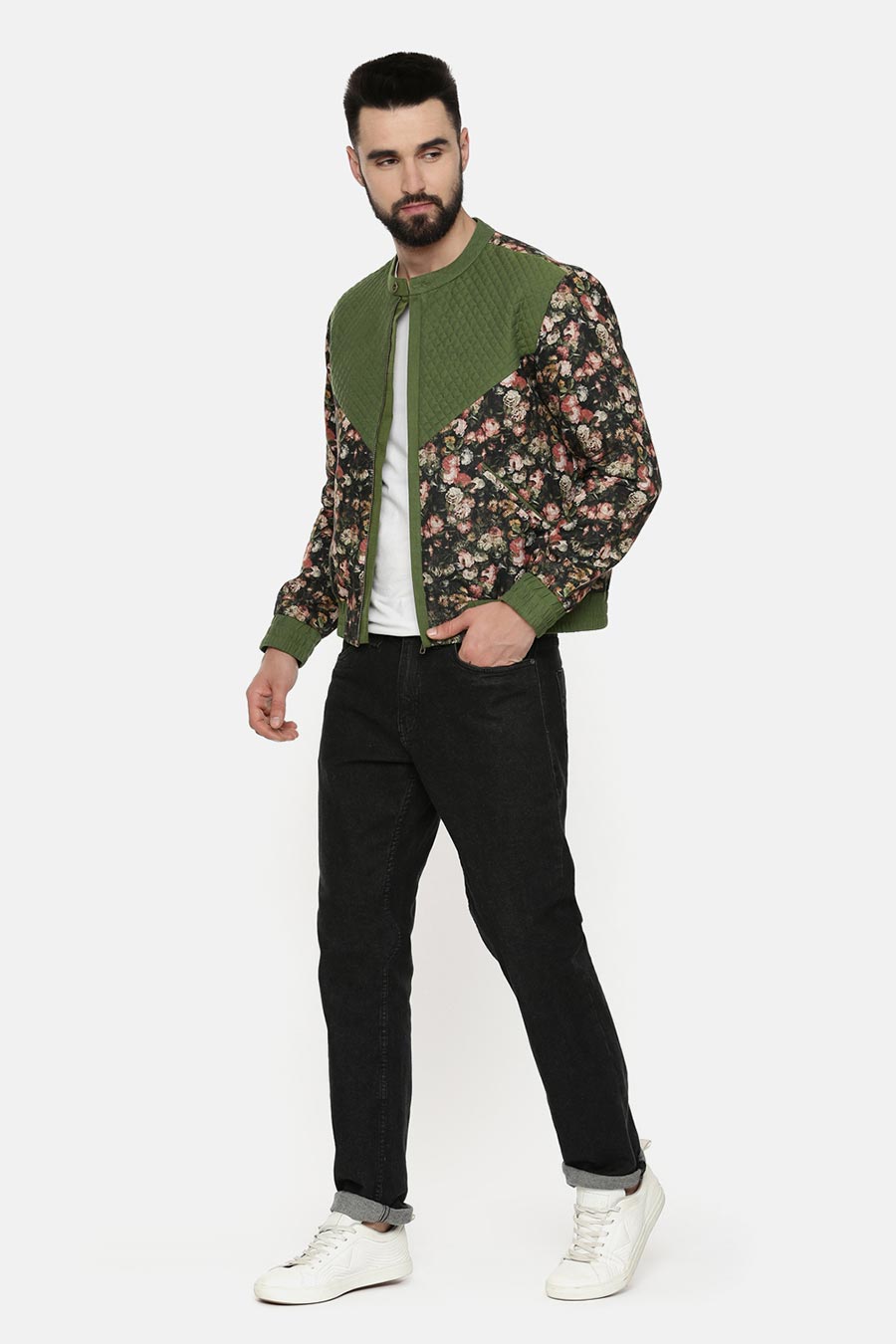 Green Print Quilted Bomber Jacket