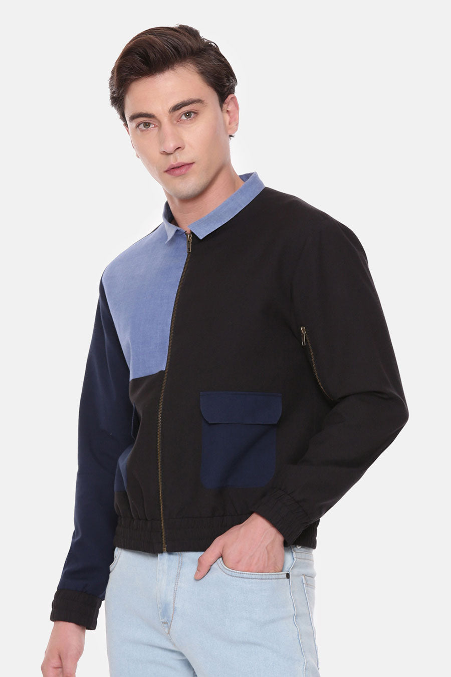 Blue Colour-Block Bomber Jacket