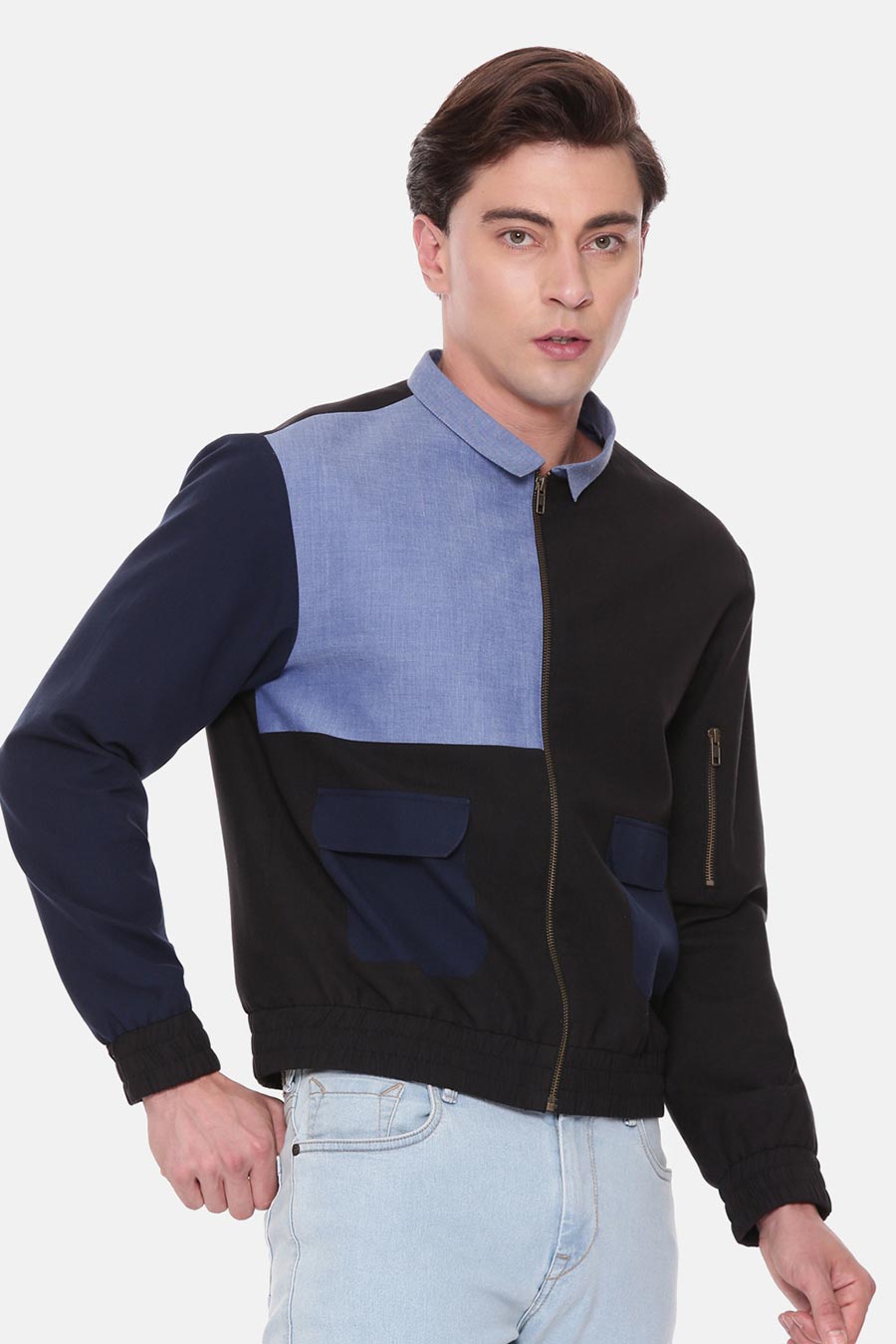 Blue Colour-Block Bomber Jacket