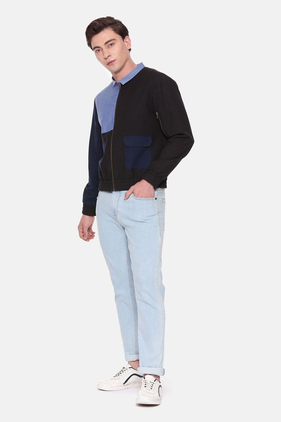 Blue Colour-Block Bomber Jacket