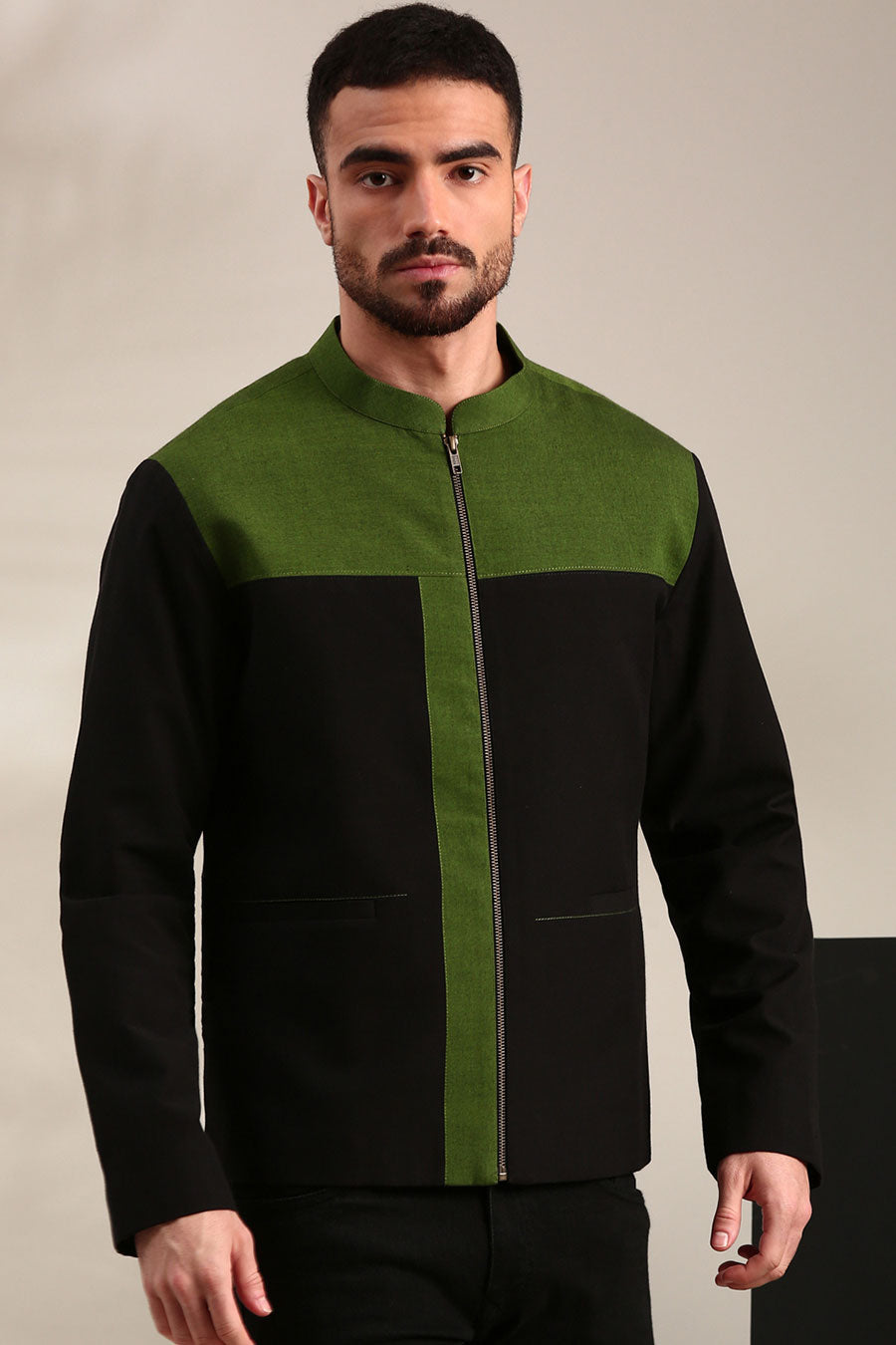 Black & Green Cotton Bomber Jacket