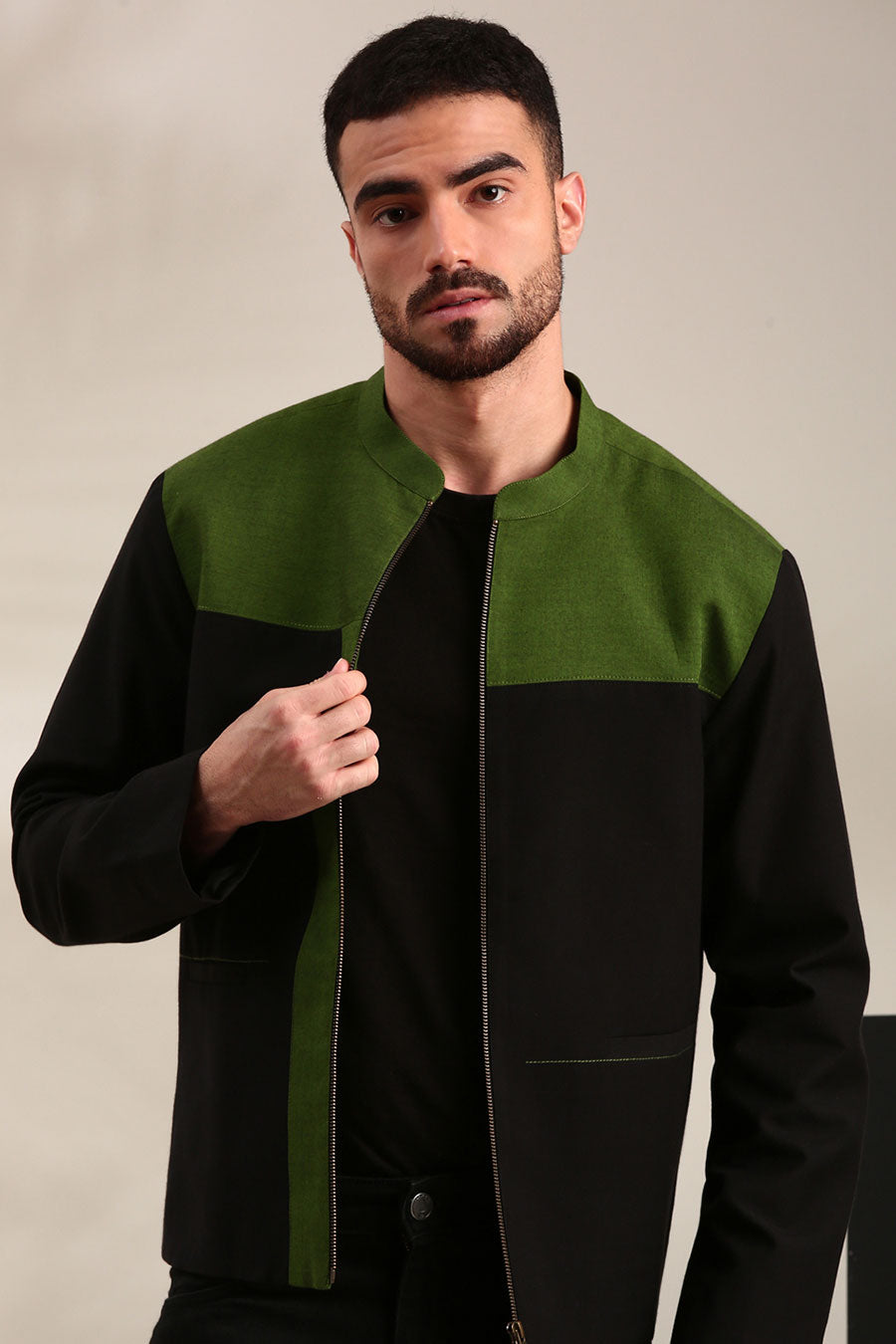 Black & Green Cotton Bomber Jacket