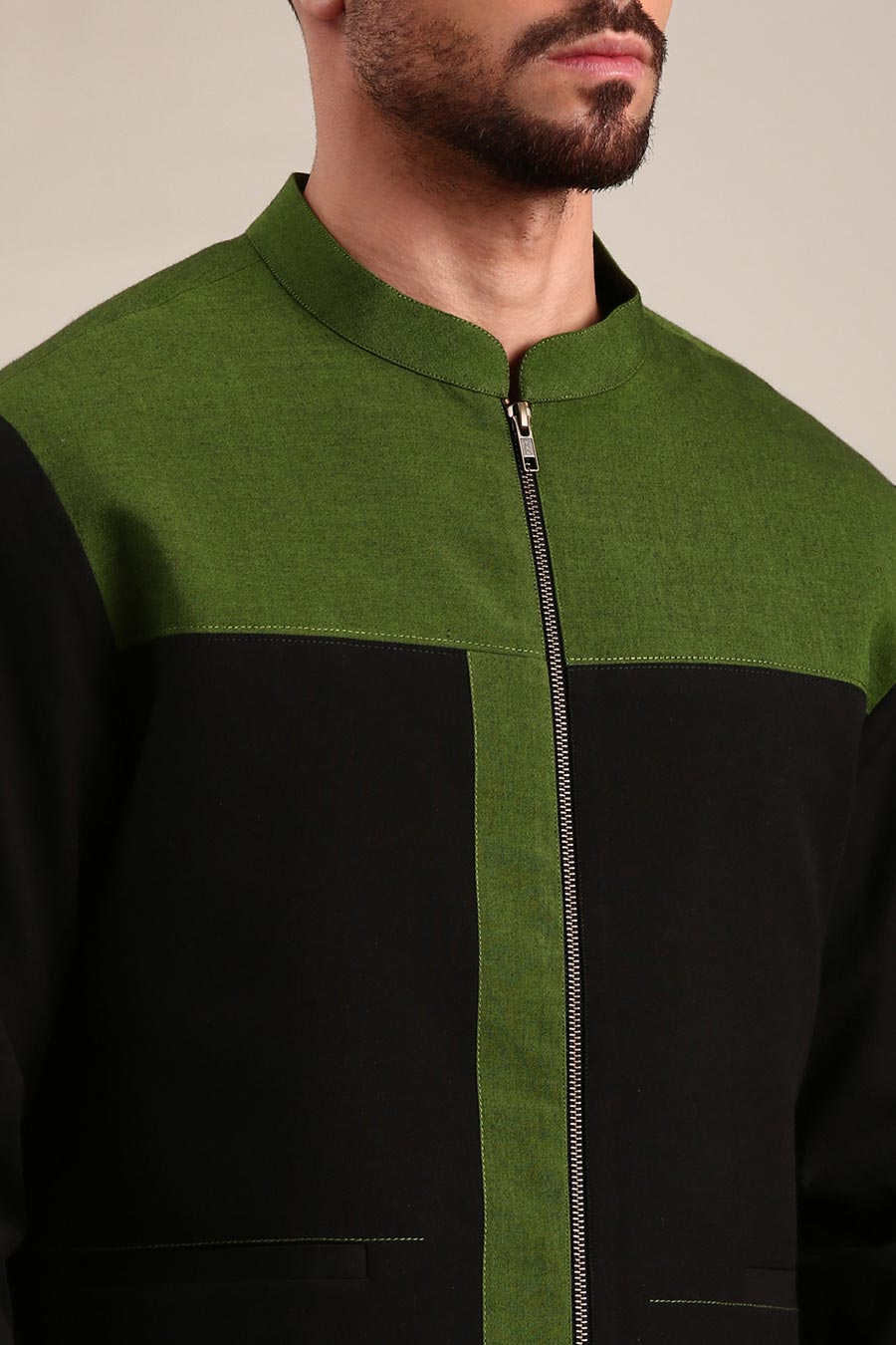 Black & Green Cotton Bomber Jacket