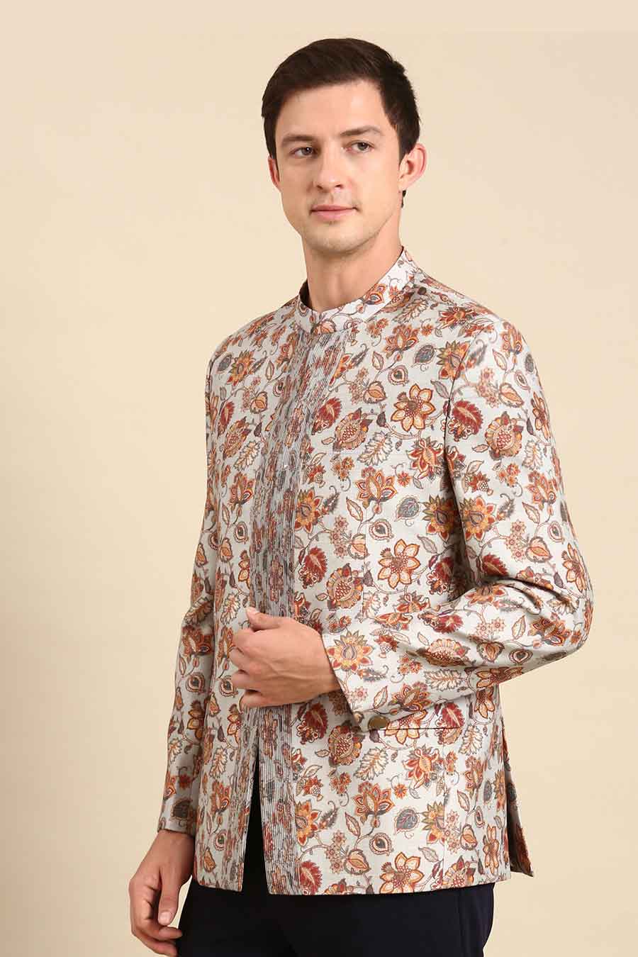 Grey Floral Printed Bandhgala