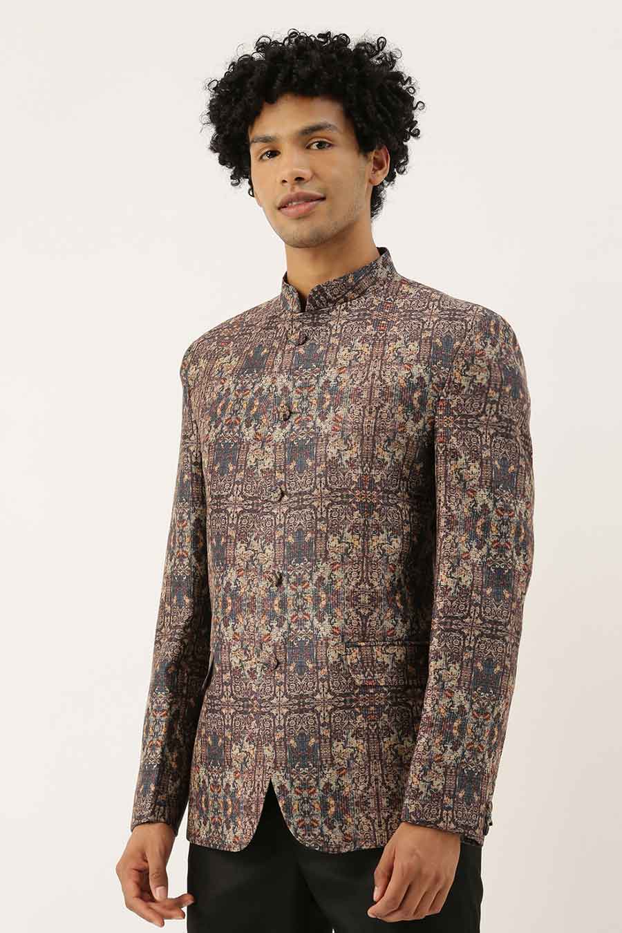 Brown Chanderi Printed Bandhgala