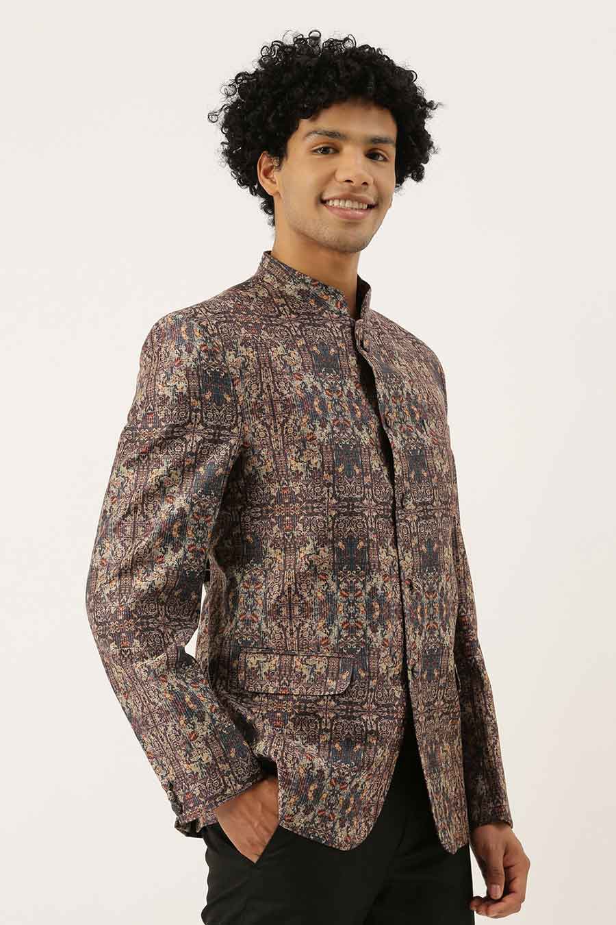 Brown Chanderi Printed Bandhgala