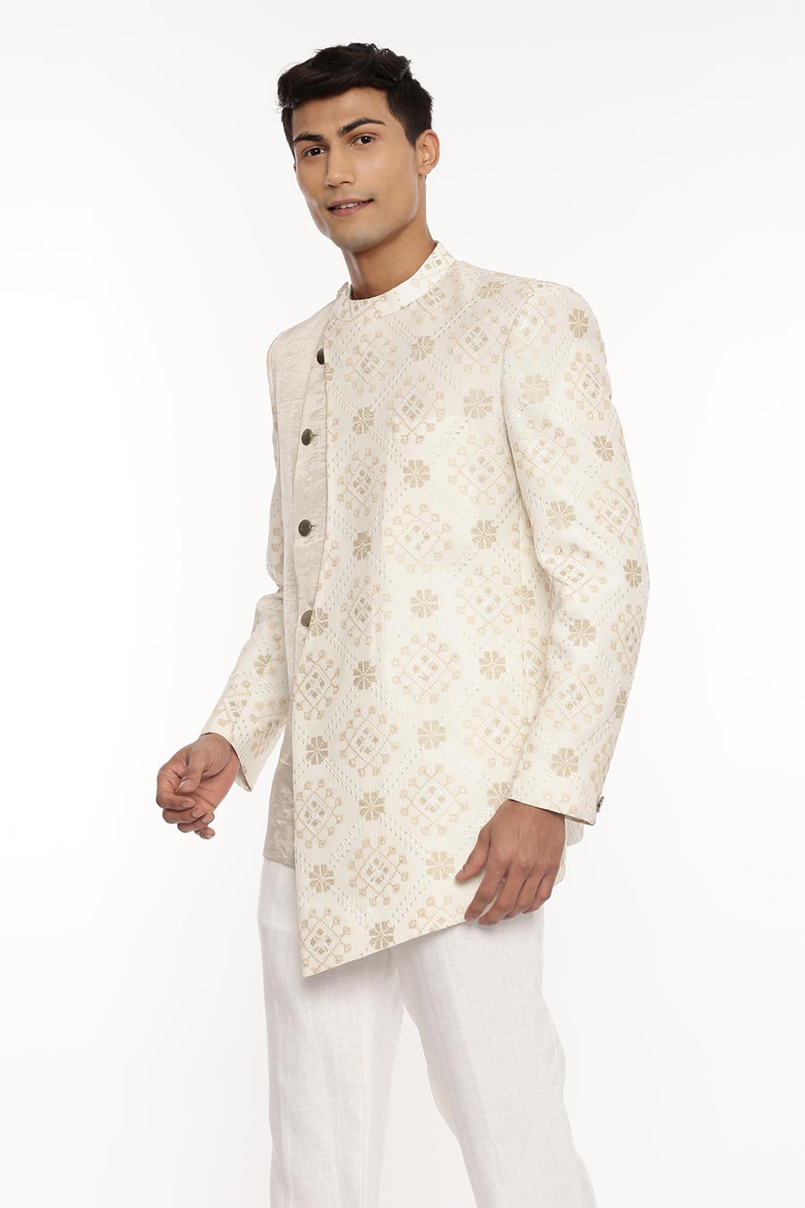 Ivory Silk Chanderi Embroidered Bandhgala