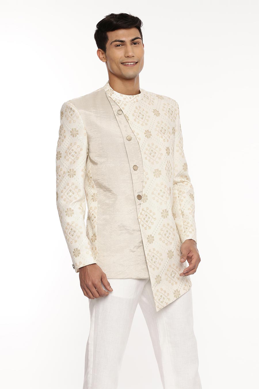 Ivory Silk Chanderi Embroidered Bandhgala