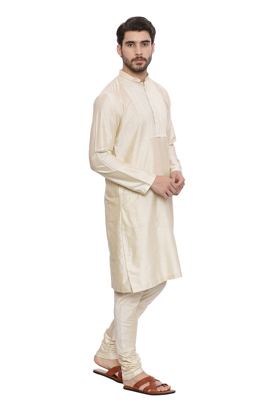 Beige Stitch-Detailed Kurta Set