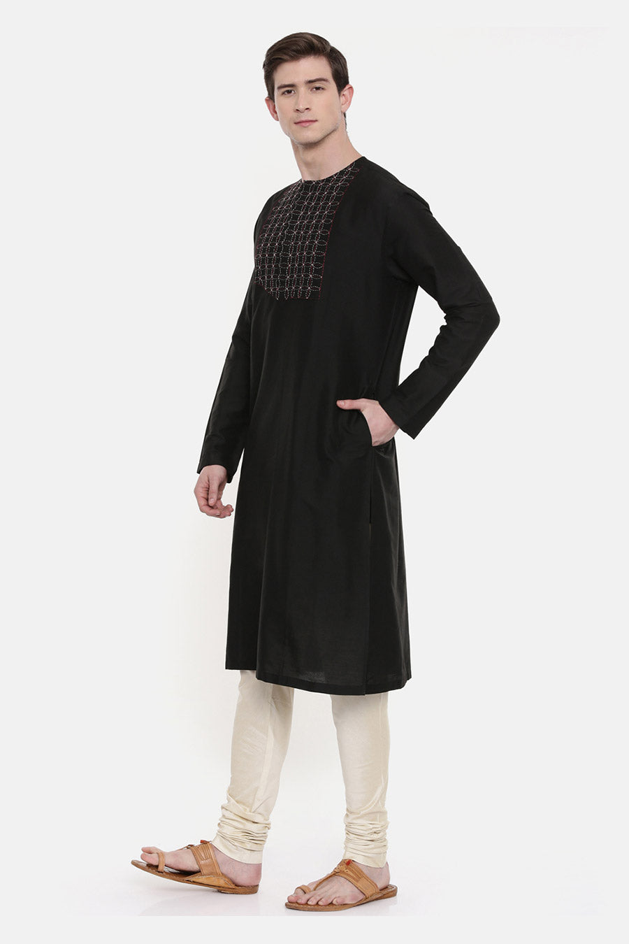 Black Stitch-Detailed Kurta Set