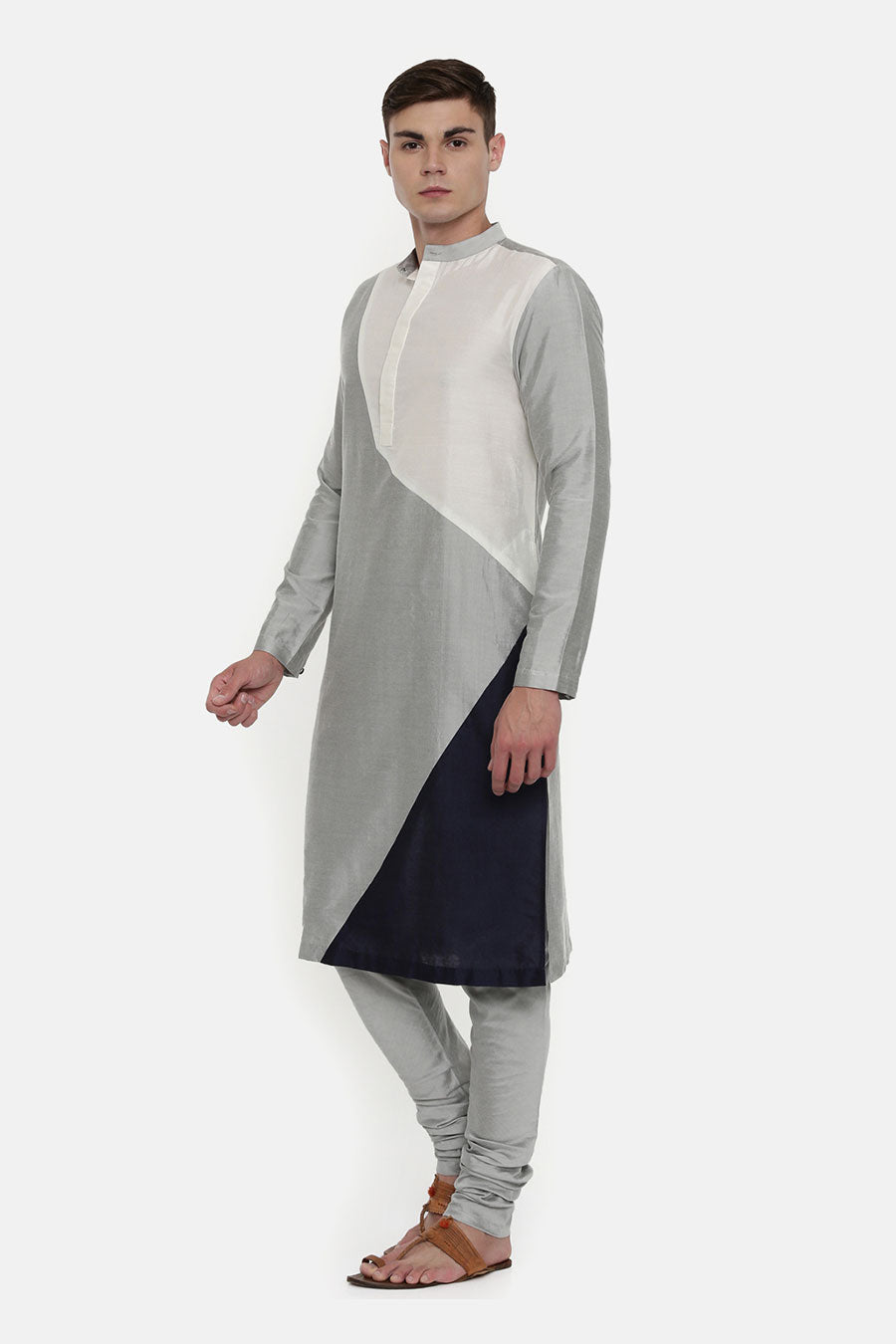 Grey Colour-Blocked Kurta Set