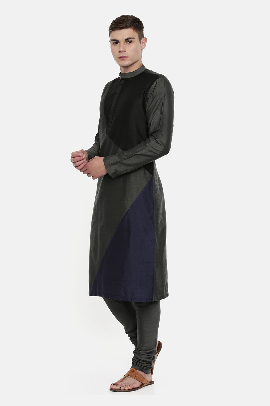 Charcoal Grey Colour-Blocked Kurta Set