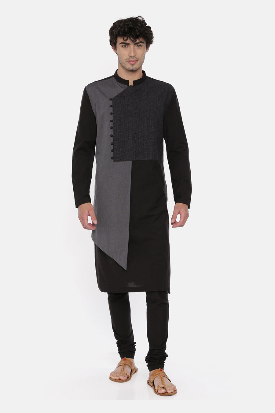 Black & Grey Overlap Panelled Kurta Set