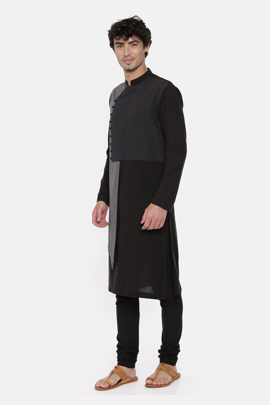 Black & Grey Overlap Panelled Kurta Set