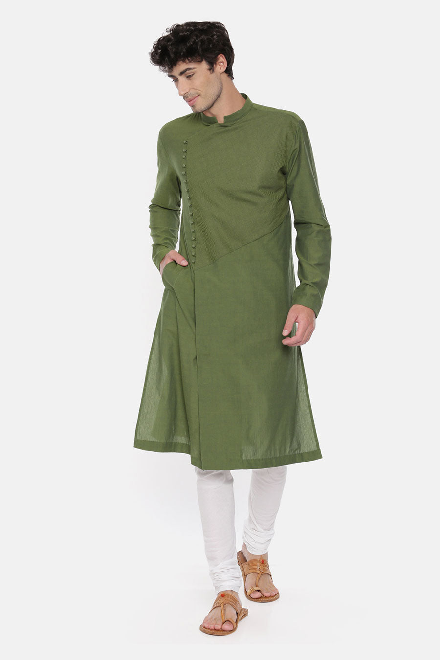 Green Stitch-Detailed Kurta Set