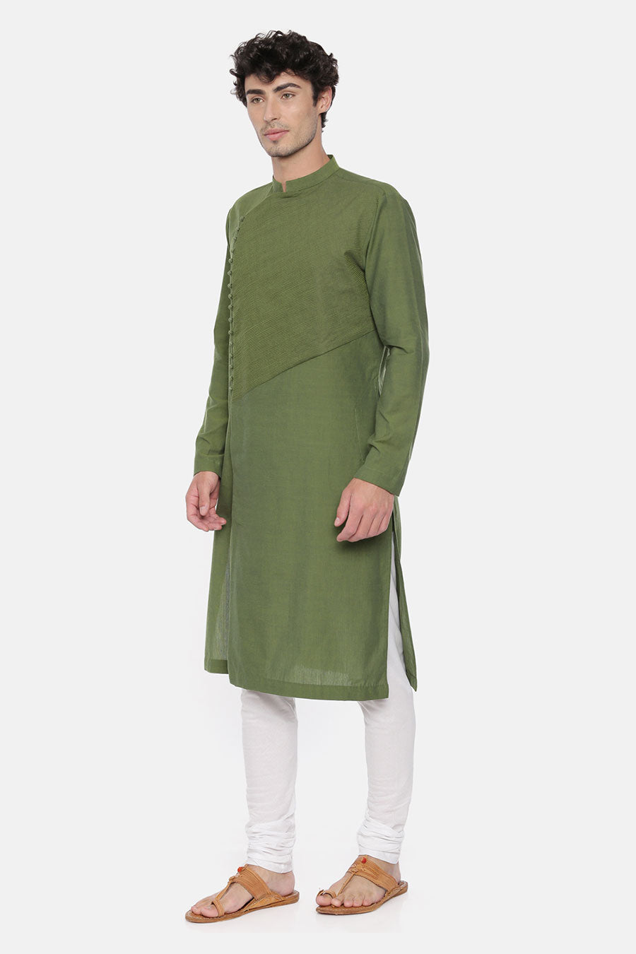 Green Stitch-Detailed Kurta Set