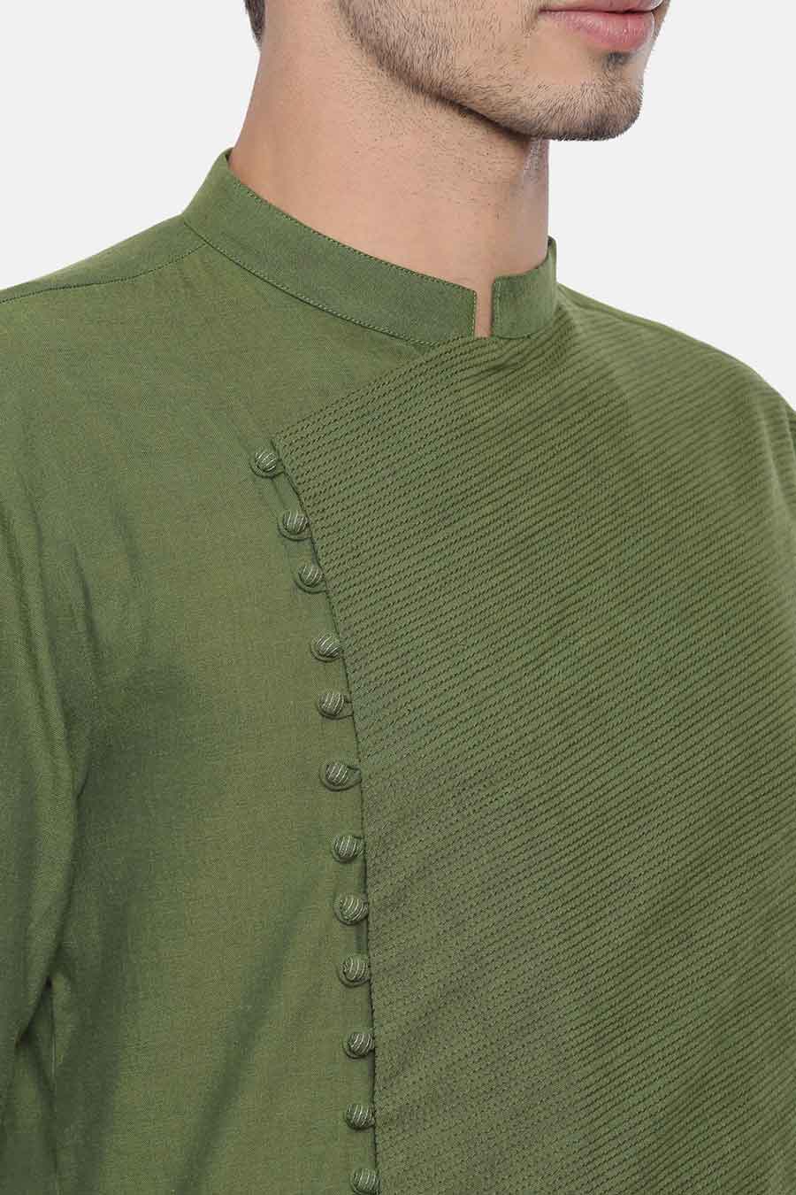 Green Stitch-Detailed Kurta Set