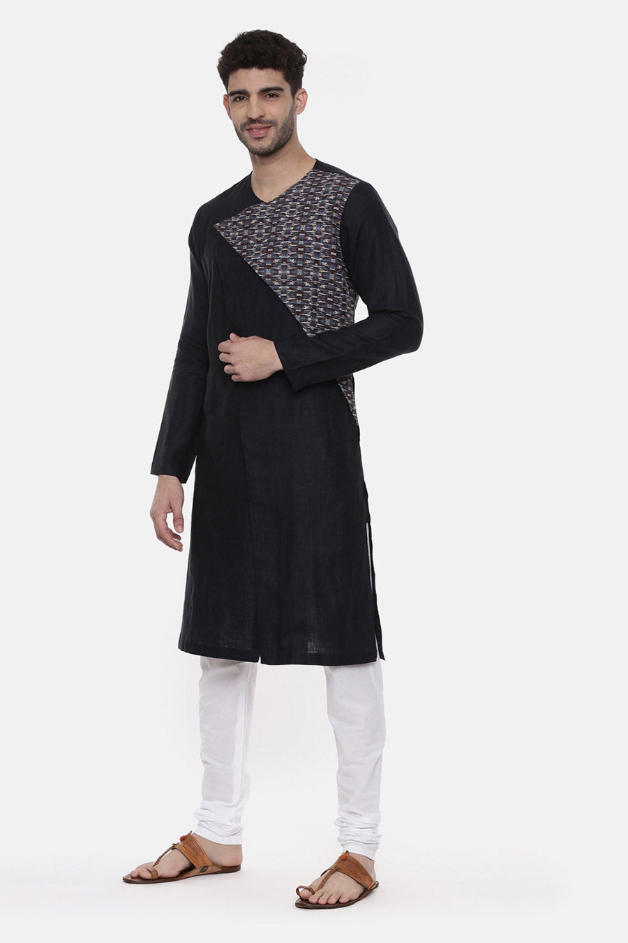 Black Printed Panel Kurta Set