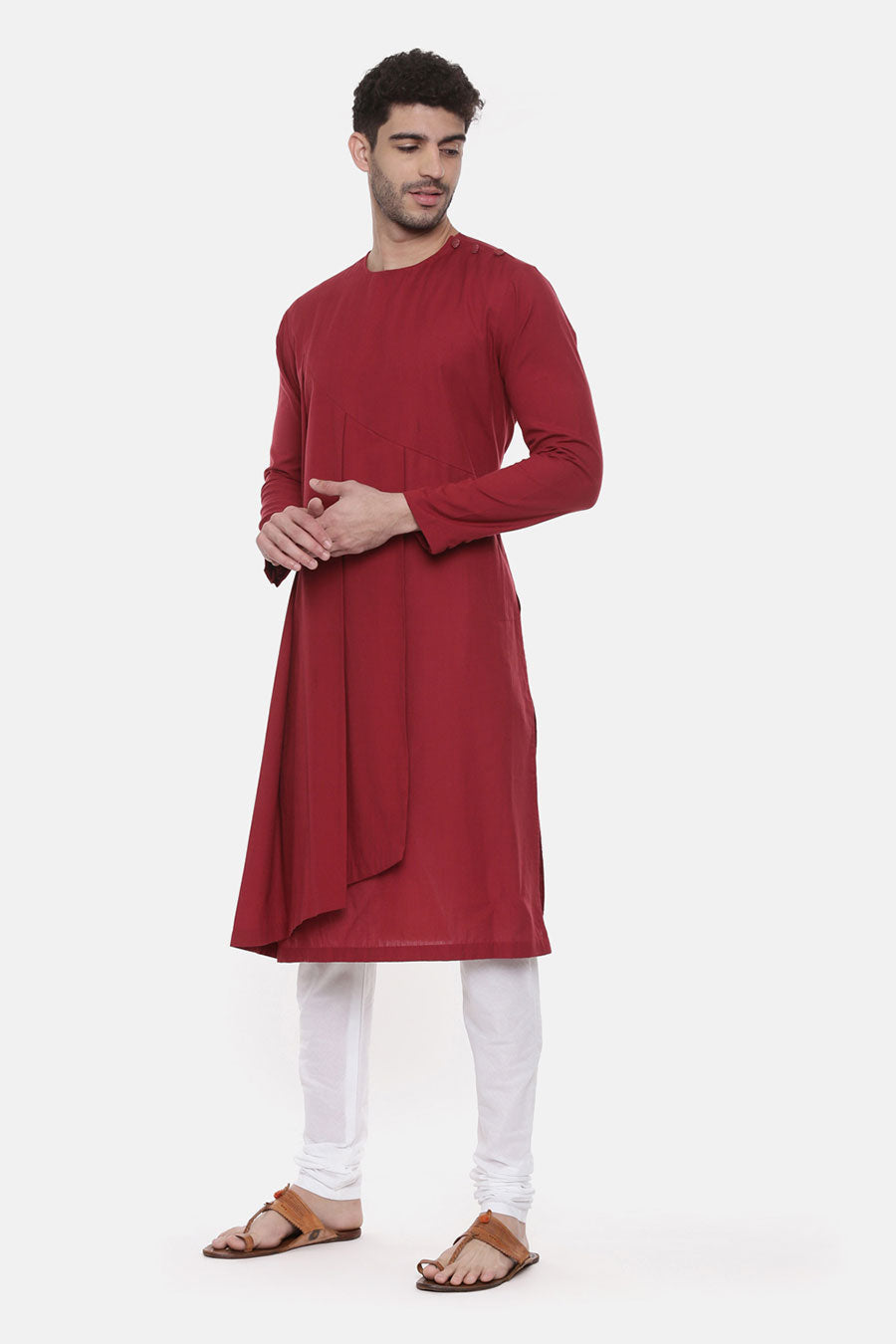 Red Pleated Panel Kurta Set